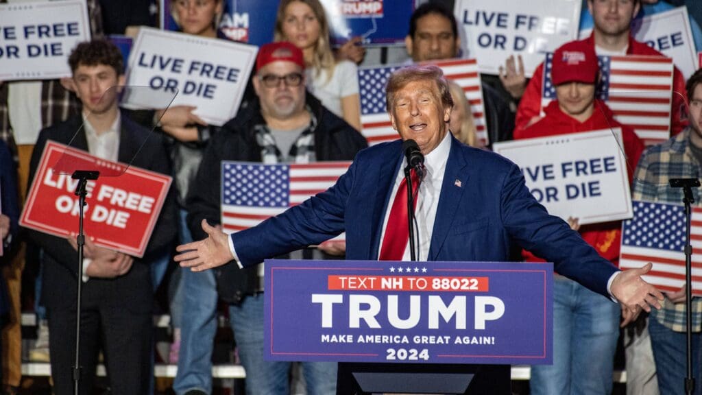 Donald Trump speaks during a campaign rally at the University of New Hampshire's Whittemore Center Arena in Durham, New Hampshire, on 16 December 2023.