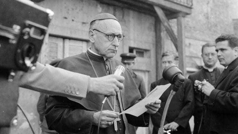 Cardinal Mindszenty delivering a radio speech after being freed from prison in 1956 in the Buda Castle.