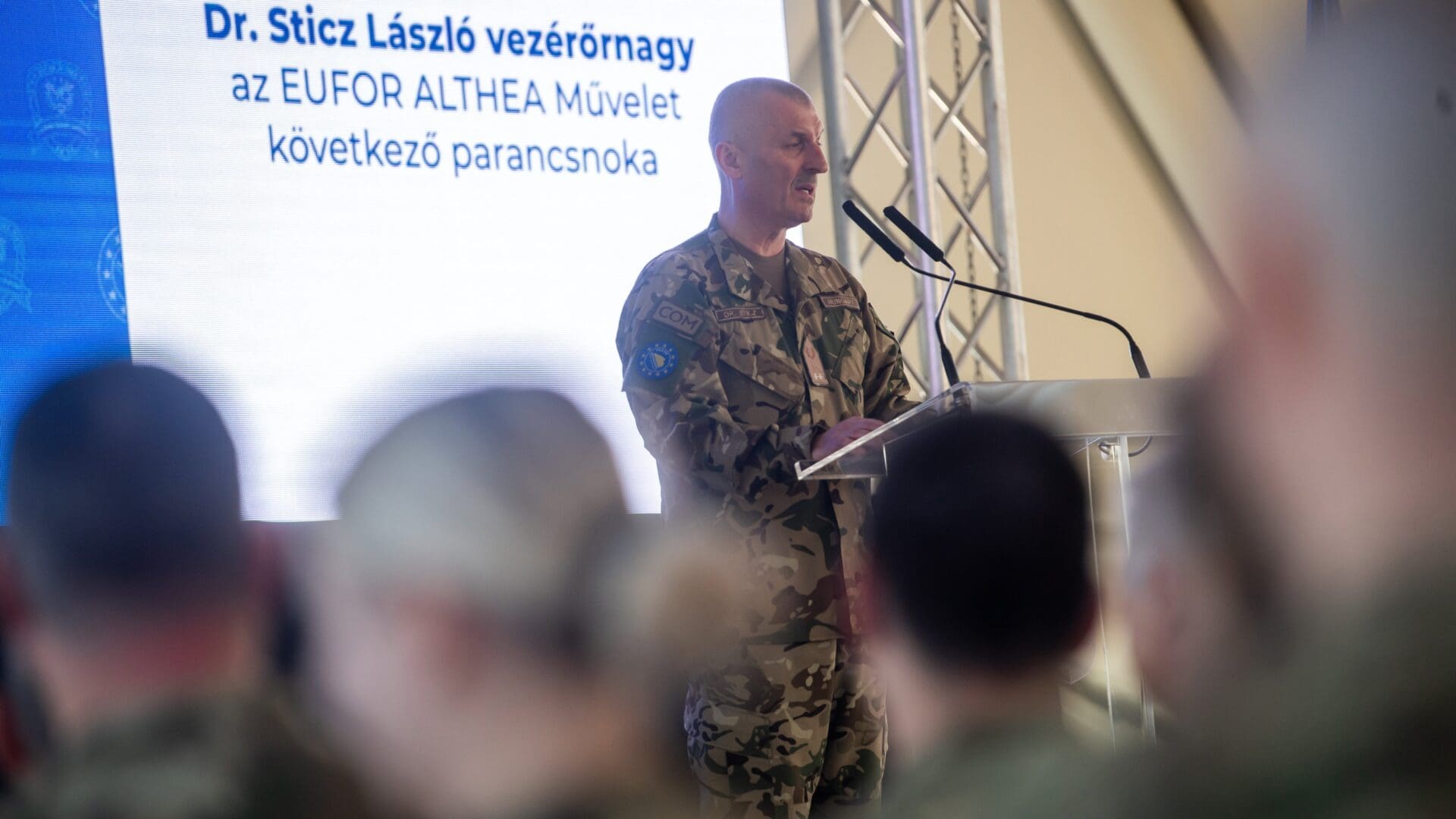 Major General László Sticz speaking at the release ceremony for the Hungarian troops that will be serving in the EUFOR ALTHEA mission in Bosnia and Herzegovina on 18 December 2023.
