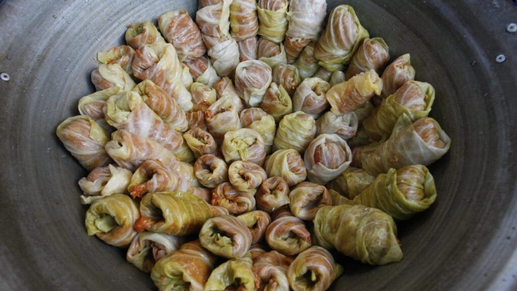 Stuffed cabbage rolls in a cauldron, ready to be cooked.