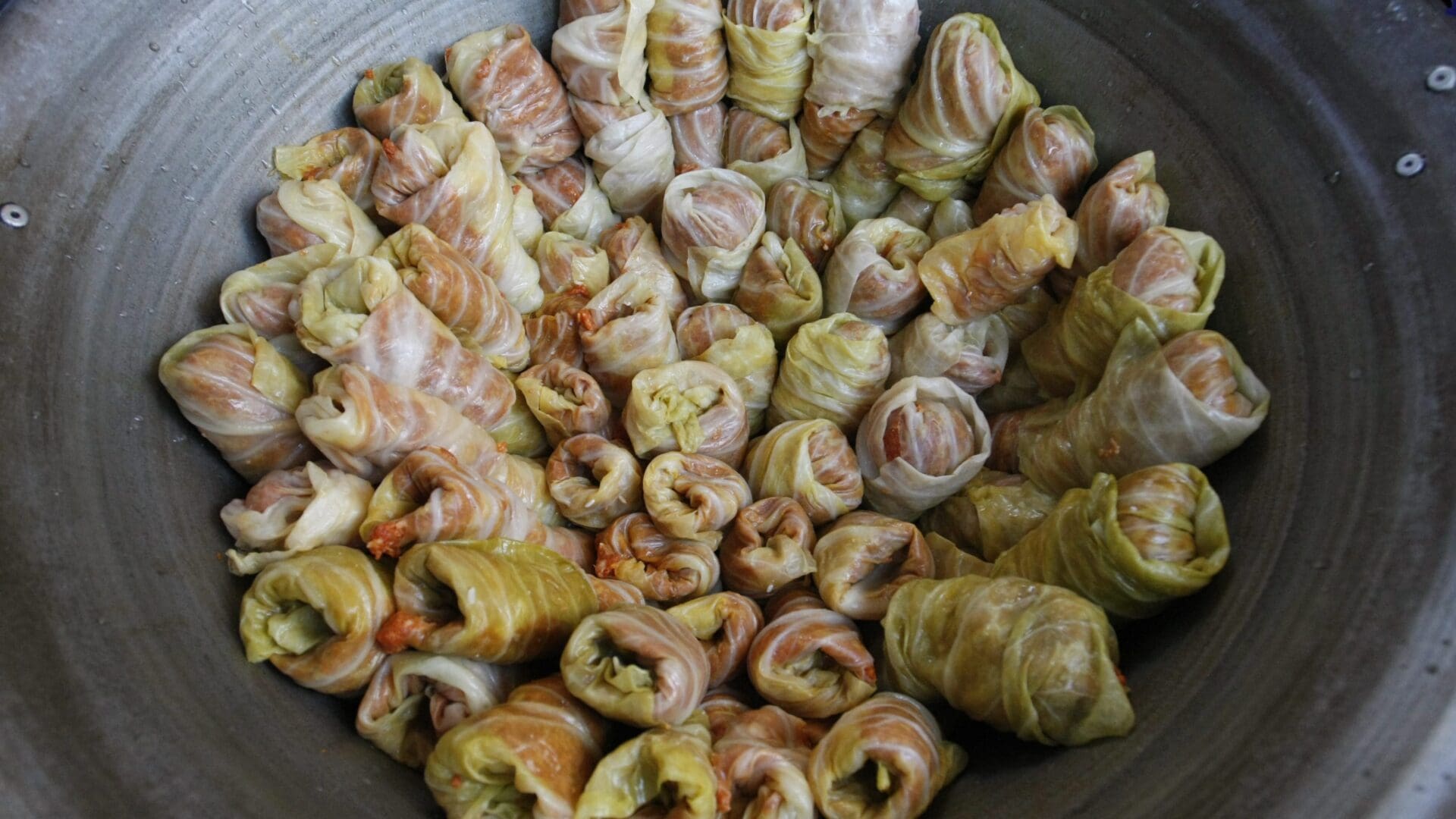 Stuffed cabbage rolls in a cauldron, ready to be cooked.