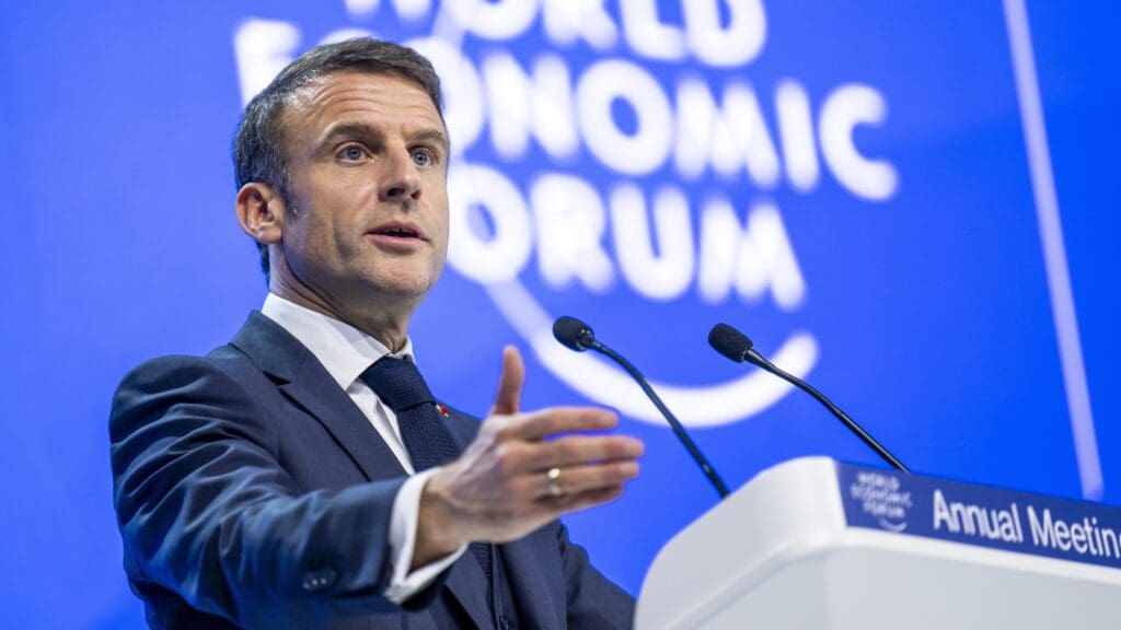 French President Emmanuel Macron delivering his remarks in Davos on 17 January 2024.