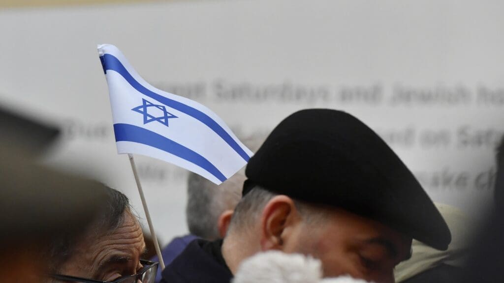 An Israeli flag at the Budapest event marking the temporary renaming to 7 October Square of the Theodore Herzl Square outside the Dohány Street synagogue on 7 January 2024.
