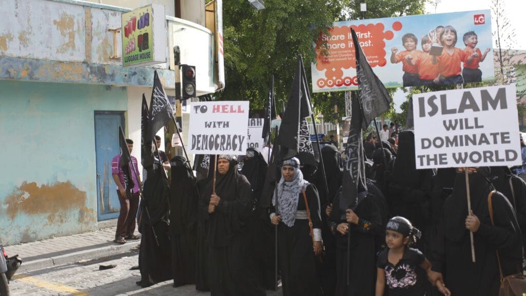 A 2014 demonstration in the Maldives calling for the imposition of Sharia law.