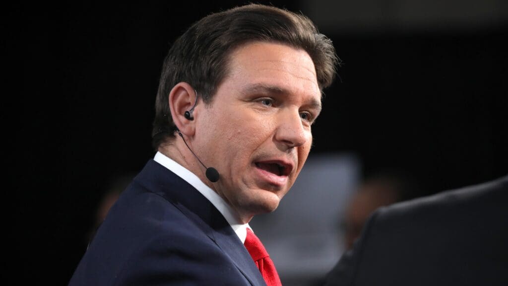 Governor Ron DeSantis speaking in the spin room following the CNN Republican Presidential Debate at the Olmsted Center at Drake University in Des Moines, Iowa on 10 January 2024.