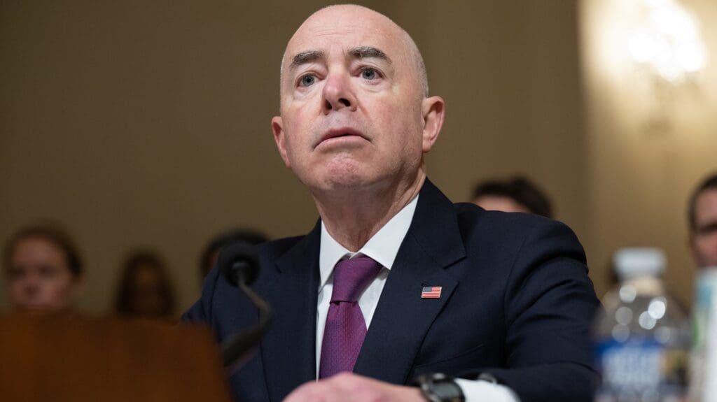 US Homeland Security Secretary Alejandro Mayorkas testifies during a House Committee on Homeland Security hearing on worldwide threats on Capitol Hill in Washington, DC, November 15, 2023.