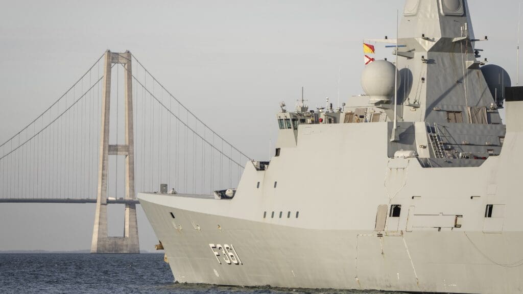 An Iver Huitfeldt-class frigate of the Royal Danish Navy leaves the port of Korsør on 29 January 2024 for the Gulf of Aden to join the international task force patrolling the Red Sea.