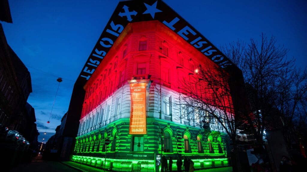 Light projection on the Wall of Heroes of the House of Terror Museum on 25 February 2023.