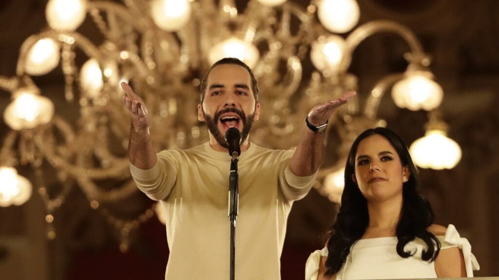 El Salvador’s President Nayib Bukele addresses his supporters from the balcony of the Presidential Palace in San Salvador after his re-election in the 4 February 2024 presidential election.