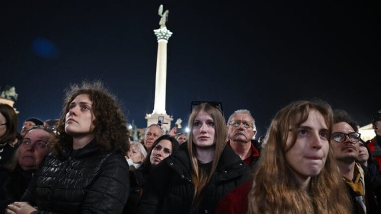 Participants at the 16 February demonstration in Heroes’ Square, Budapest.