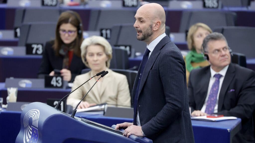 ECR Co-Chair Nicola Procaccini addresses the European Parliament in Strasbourg in the debate on the frozen EU funds for Hungary on 17 January 2024.