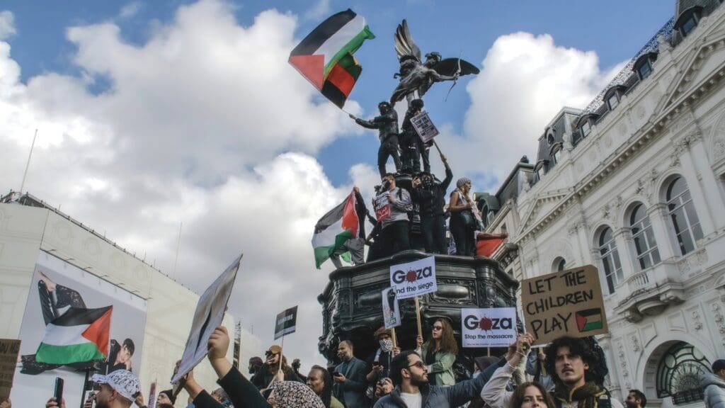 Post-colonial guilt trip? Pro-Palestinian protesters gather in London to protest the siege of Gaza, London, UK