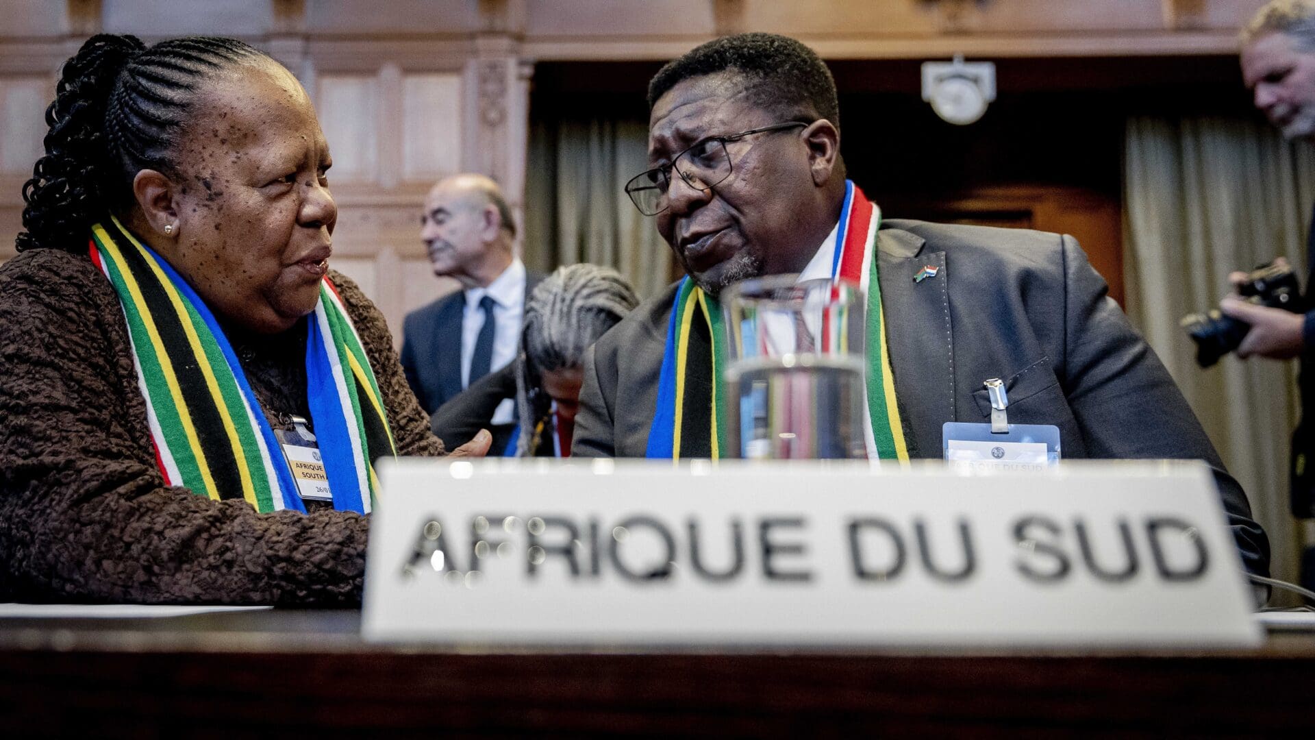 South African Foreign Minister Naledi Pandor and South African Ambassador to the Netherlands Vusi Madonsela in the ICJ courtroom in The Hague on 26 January 2024.