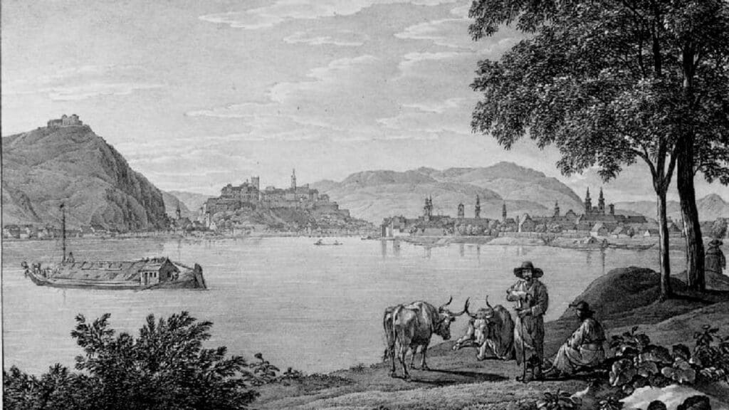 Gellért Hill (left) in a lithograph from 1825.