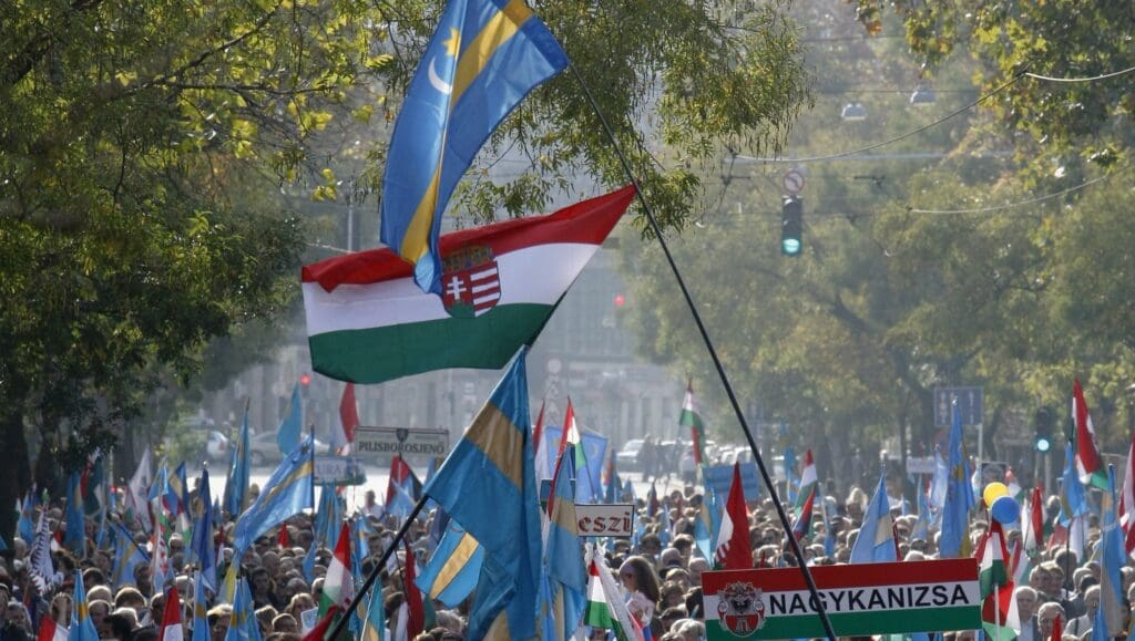 Hungarians take part in a demonstration for the autonomy of the Transylvanian territory in Romania in Budapest, Hungary on 27 October 2013.