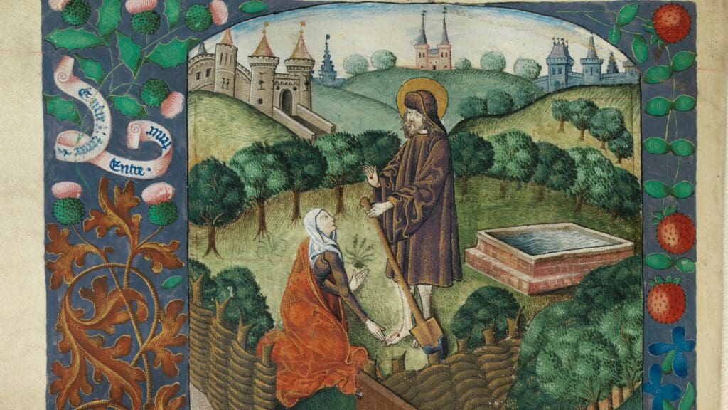 Christ appears to Mary Magdalen as a gardener (Noli me tangere) – miniature from the illuminated manuscript Vaux Passional (circa 1503–1504)