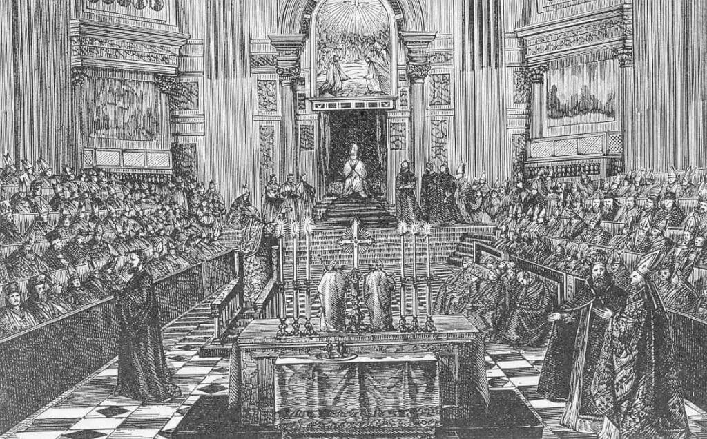 Engraving of the First Vatican Council held in Saint Peter's Basilica during the papacy of Pius IX in 1869.