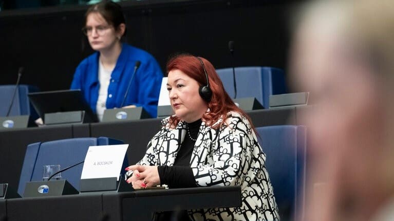 Fidesz MEP Andrea Bocskor at the European Parliament plenary in Strasbourg, France on 11 March 2024.