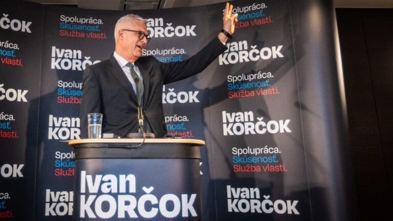 Ivan Korčok holds a press conference after the results of the first round of the Slovak presidential elections were announced on 23 March 2024.