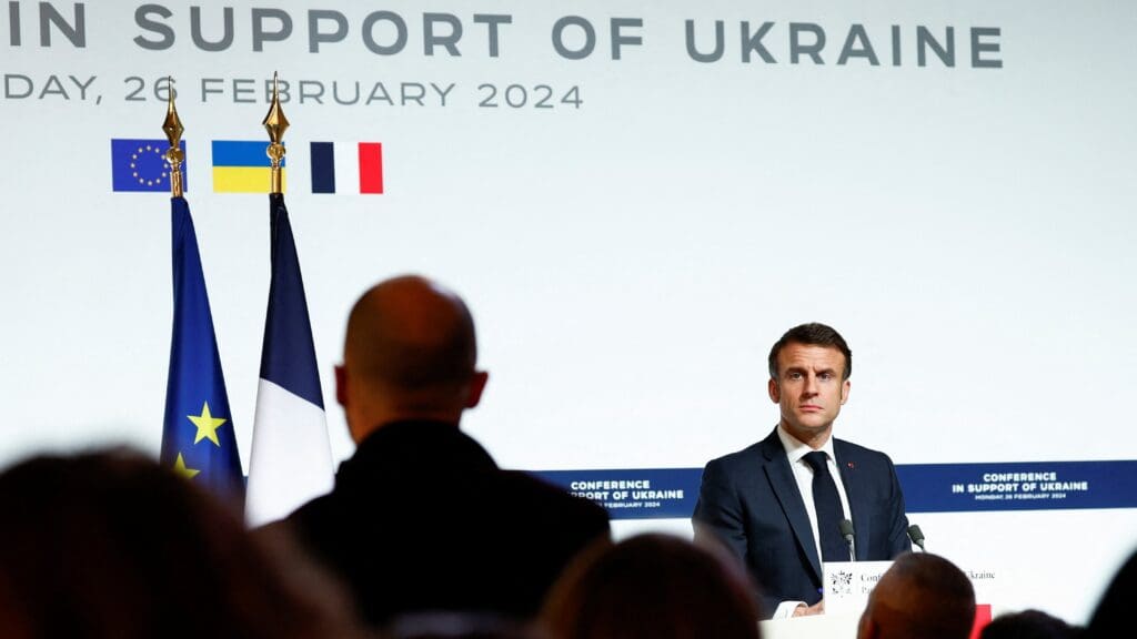 Emmanuel Macron holds a press brief after the conference on aiding Ukraine at the Élysée Palace in Paris on 26 February 2024.