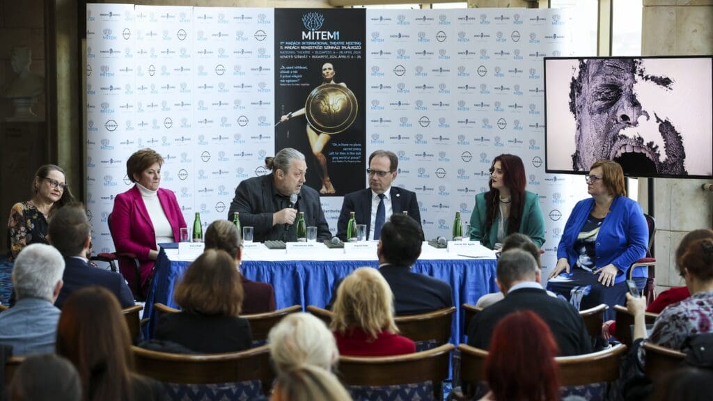 Director General of the Hungarian National Theatre Attila Vidnyánszky (L2) speaks at the press conference announcing the programme of MITEM 2024.