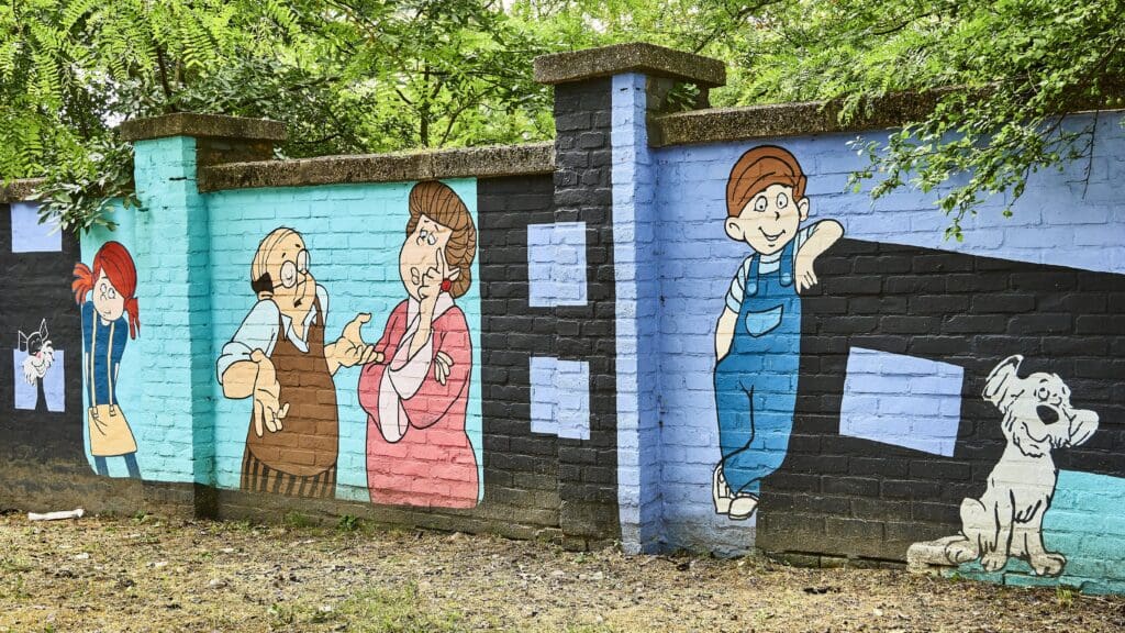 Scenes from The Mézga Family animated television series painted on the wall of the former Military Academy in Pasaréti Road in Buda.