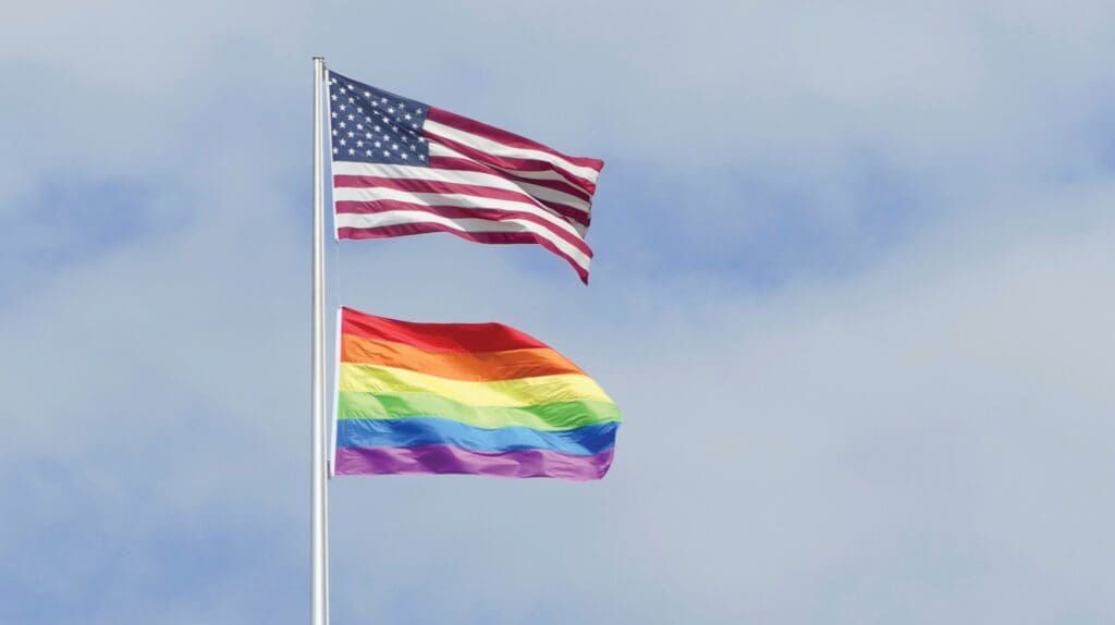 Rainbow flag during Pride Week on the roof of the US Embassy in Berlin, Germany, 3 July 2021.