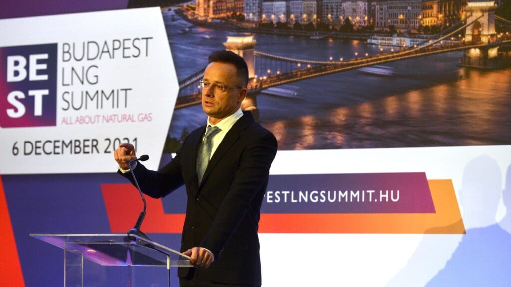 Hungarian Minister of Foreign Affairs and Trade Péter Szijjártó speaks at the opening of the Budapest LNG Summit on 6 December 2021.