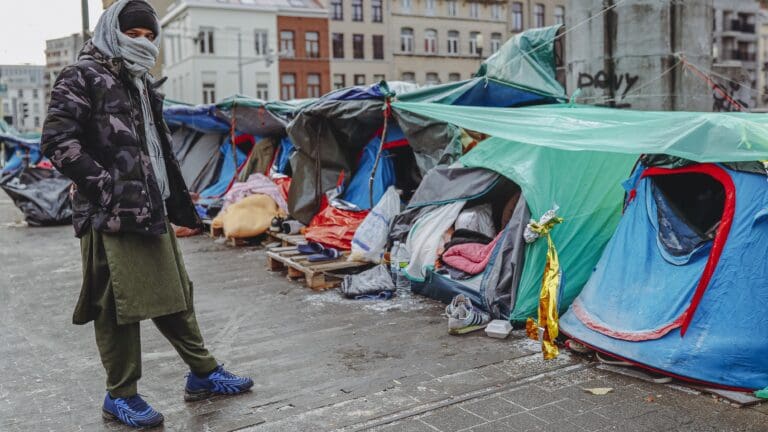 A tent encampment of migrants in Brussels, Belgium on 18 December 2022.