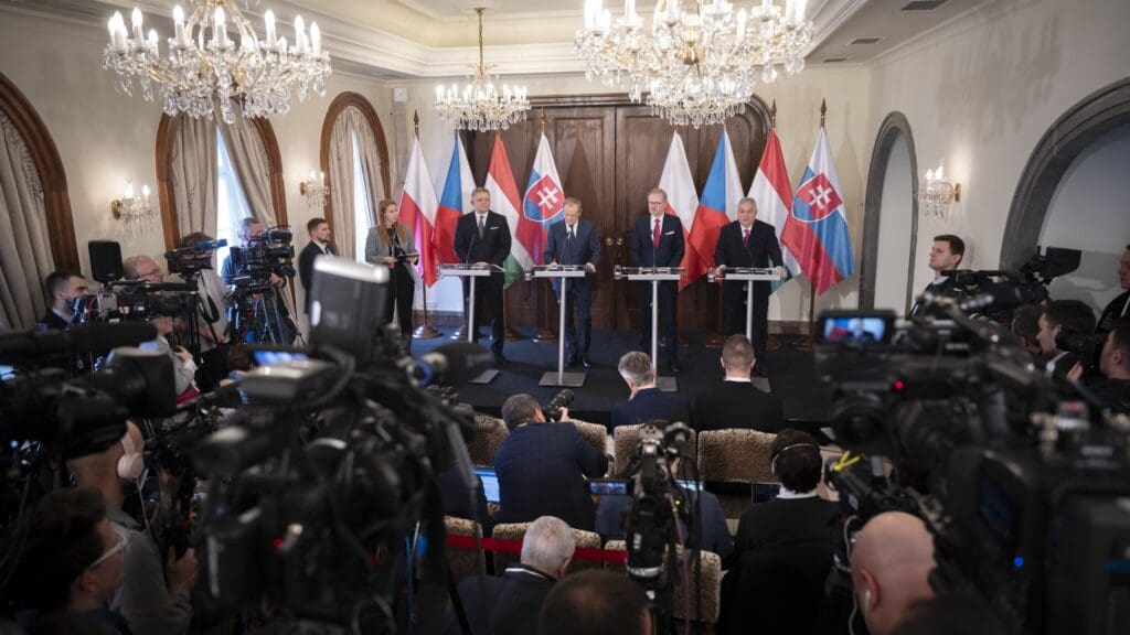 Hungarian Prime Minister Viktor Orbán, Czech Prime Minister Petr Fiala, Polish Prime Minister Donald Tusk, and Slovak Prime Minister Robert Fico attended the Visegrád Group Heads of Government Summit in Prague on 27 February 2024.