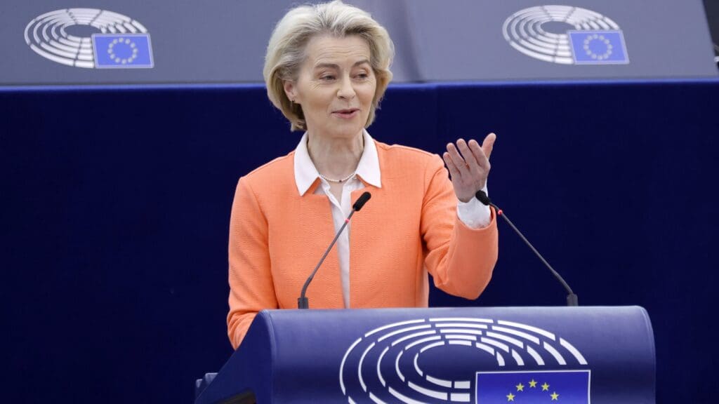 European Commission President Ursula von der Leyen addresses the EP Plenary in Strasbourg on 12 March 2024.