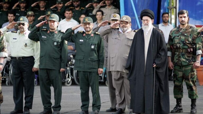 Ali Khamenei with Iranian military leaders at a conscription event on 19 September 2008