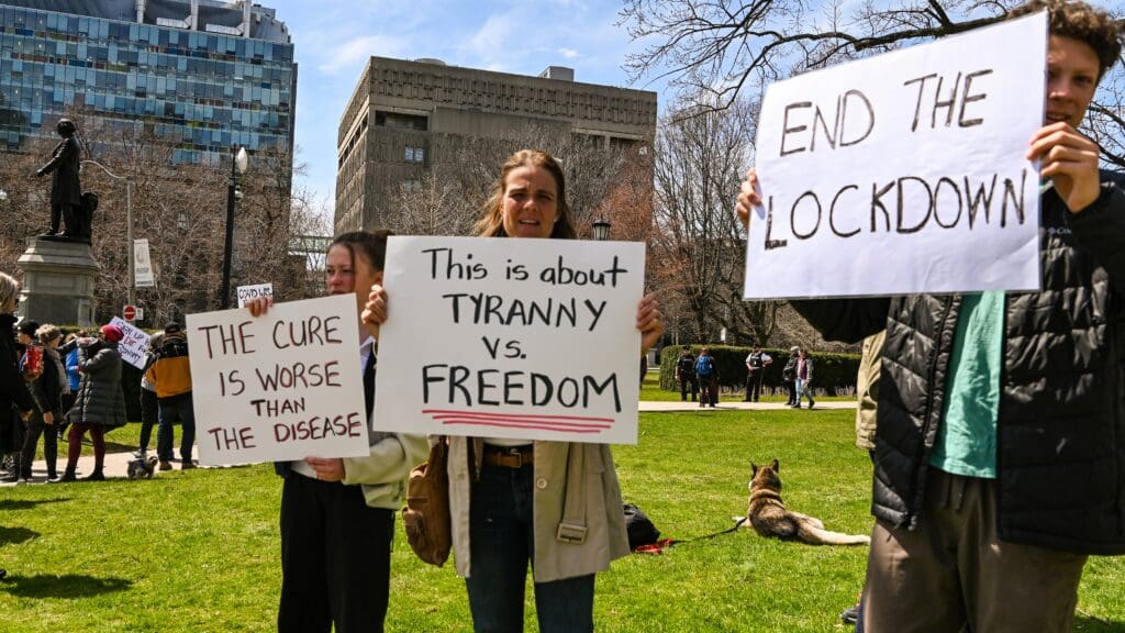 Anti-lockdown protesters at Queen's Park, Toronto, Canada on 25 April 2020.