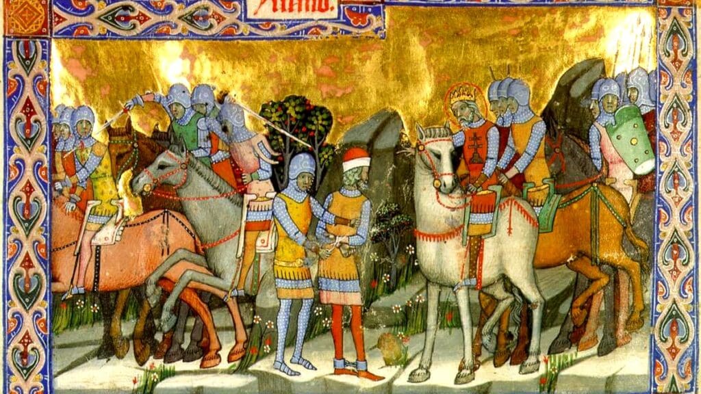 An illustration from the Illuminated Chronicle: King Stephen captures the Transylvanian leader Prokuj in 1003.