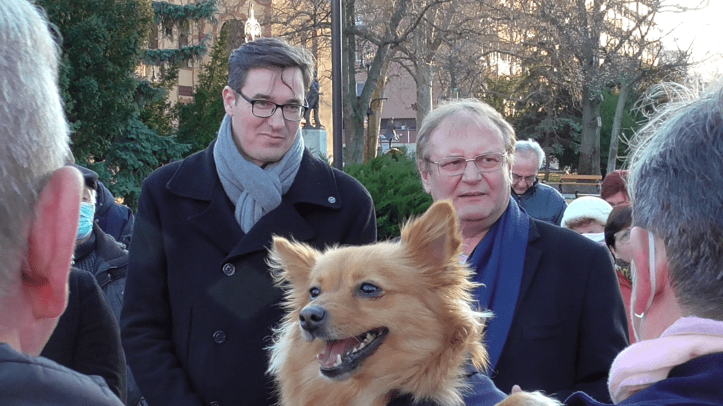 Budapest Mayor Gergely Karácsony with veteran Socialist politician István Hiller at a public event in Budapest in February 2022.
