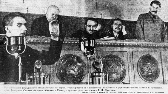 Trofim Lysenko speaking at the Kremlin in 1935. At the back (left to right) are Stanislav Kosior, Anastas Mikoyan, Andrei Andreev and the Soviet leader, Joseph Stalin.