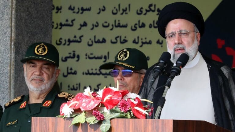 Iranian President Ebrahim Raisi speaks on the occasion of Iran’s National Army Day in Tehran on 17 April 2024.