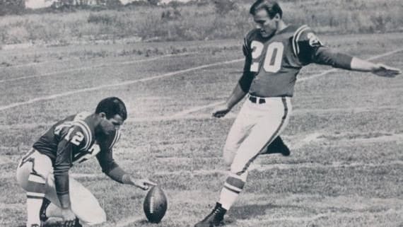 Legendary Hungarian American football player Pete Gogolak practises his famous kick.