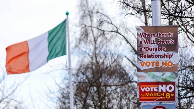 ‘No’ posters in the street in Dublin, Ireland on 5 March 2024, ahead of the Irish Referendum on 8 March. Ireland voted on constitutional references to the family and women's role in the home, with more than 67 per cent rejecting the proposed changes to the constitution.
