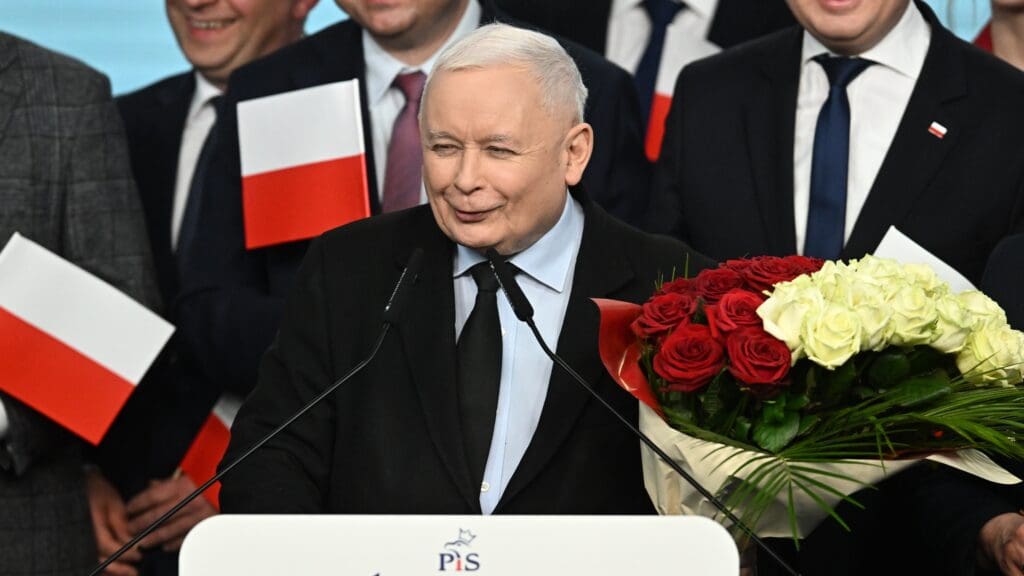 PiS leader Jarosław Kaczyński speaks on the evening of 7 April following the first round of municipal elections in Poland.