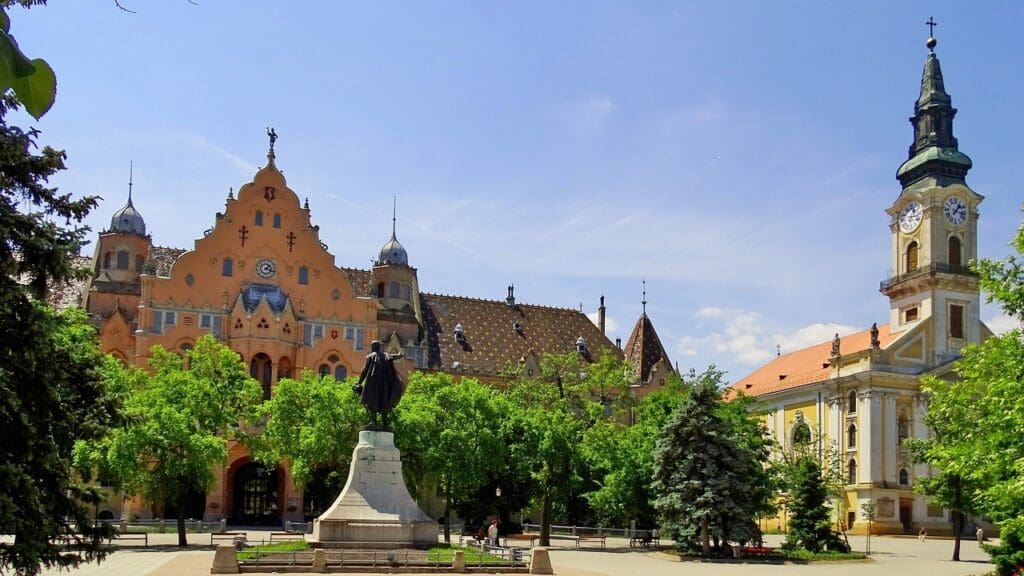 Kecskemét main square with the Town Hall in the background