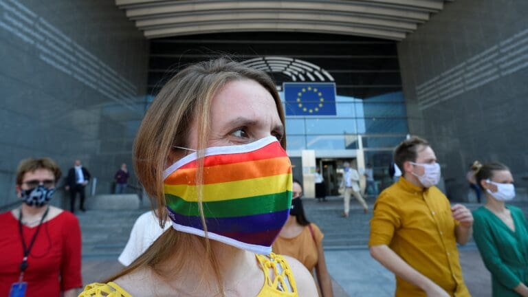 Members of European Parliament and LGBT supporters demonstrate their support for the Polish LGBTQI community in front of the EP building during a plenary session in Brussels on 15 September 2020.
