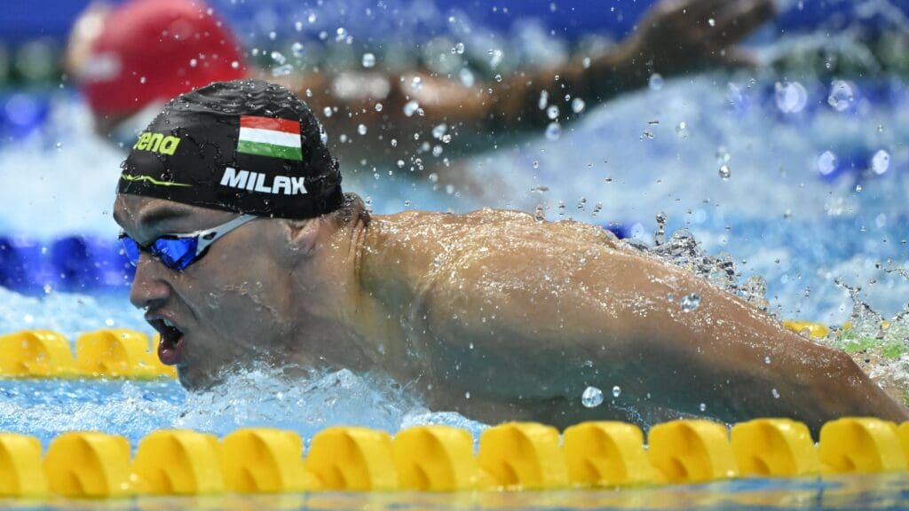 Kristóf Milák in the final of the 200m butterfly at the Hungarian National Swimming Championships on 10 April 2024 in Budapest.