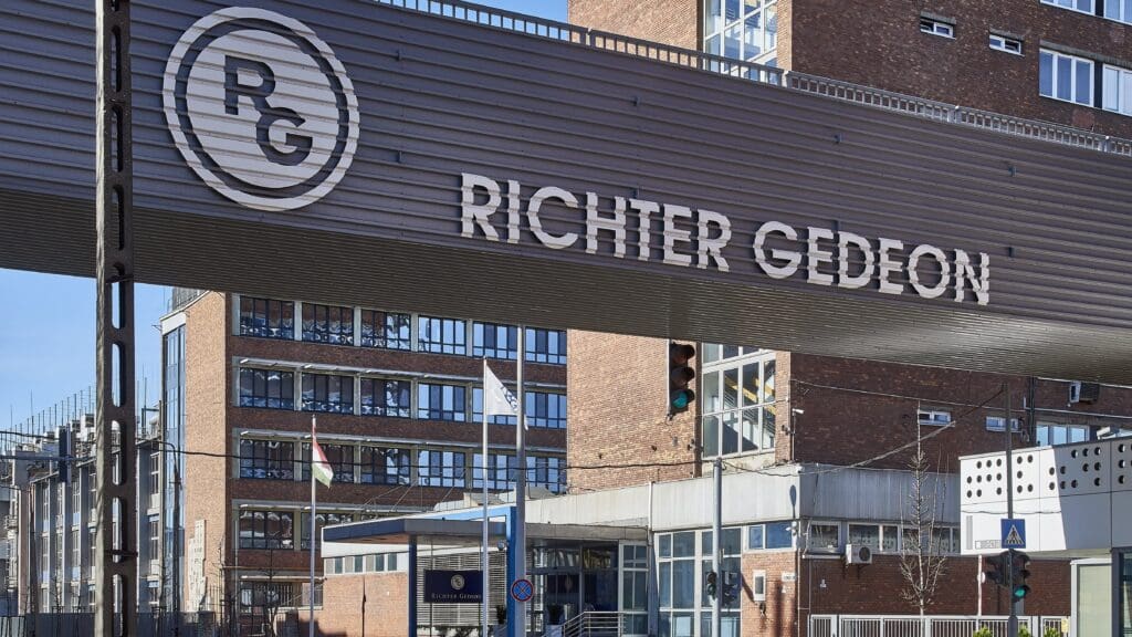 The main entrance of the pharmaceutical company Richter Gedeon Nyrt and the service bridge spanning over the road in Budapest on 12 March 2023.