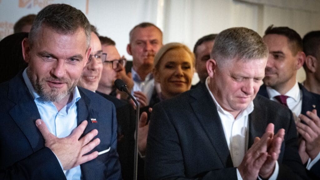 Presidential candidate Peter Pellegrini (L) and Slovak Prime Minister Robert Fico (R) speak to journalists after the announcement of Pellegrini's victory in the second round of the Slovak presidential elections on 6 April 2024 in Bratislava, Slovakia.