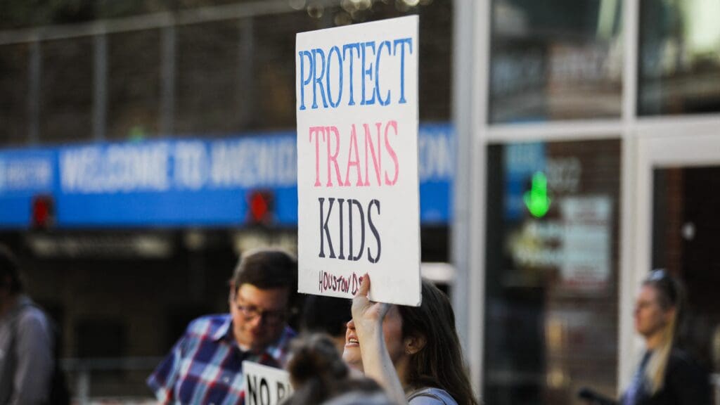 A protestor at a demonstration against Ron DeSantis during a Republican fundraising event in Houston, Texas on 3 March 2023.