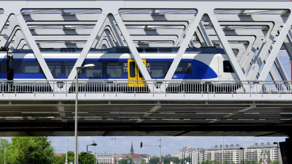 A Stadler FLIRT train on the Southern train bridge over the Danube in Budapest on 19 May 2023.