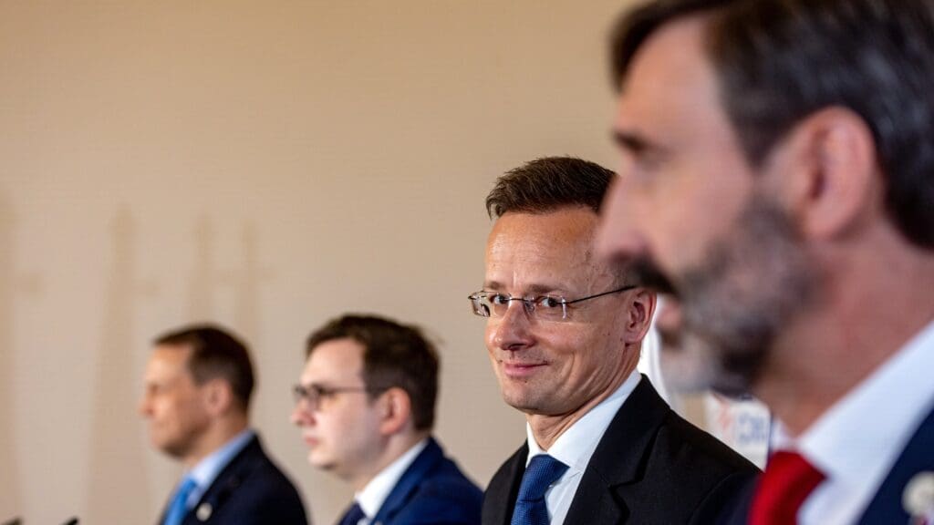 V4 foreign minister (L-R) Radosław Sikorski (Poland), Jan Lipavský (Czech Republic), Péter Szijjártó (Hungary), and Miroslav Lajcák (Slovakia) in Prague on 21 March 2024