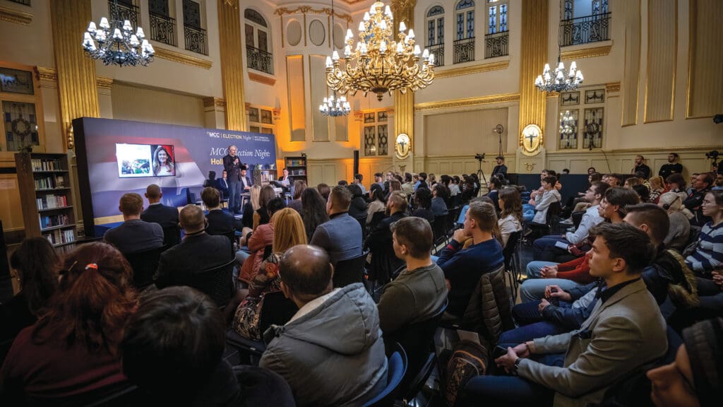 Dutch election night in the MCC Centre, Debrecen, Hungary on 22 November 2023.