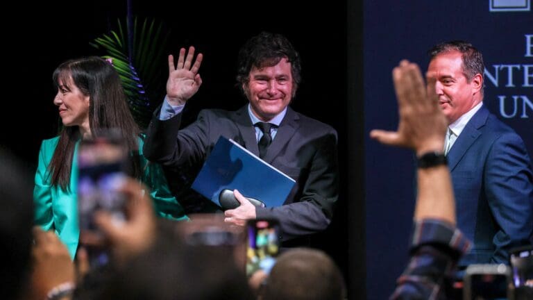 Argentine President Javier Milei waves before speaking to political science and international relations students at Florida International University Biscayne Bay Campus, in North Miami on 11 April 2024.